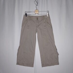 Volcom Wide Leg Crop Pants Juniors 7 Khaki Beige Zip Strap Vtg 00s Y2K Skater